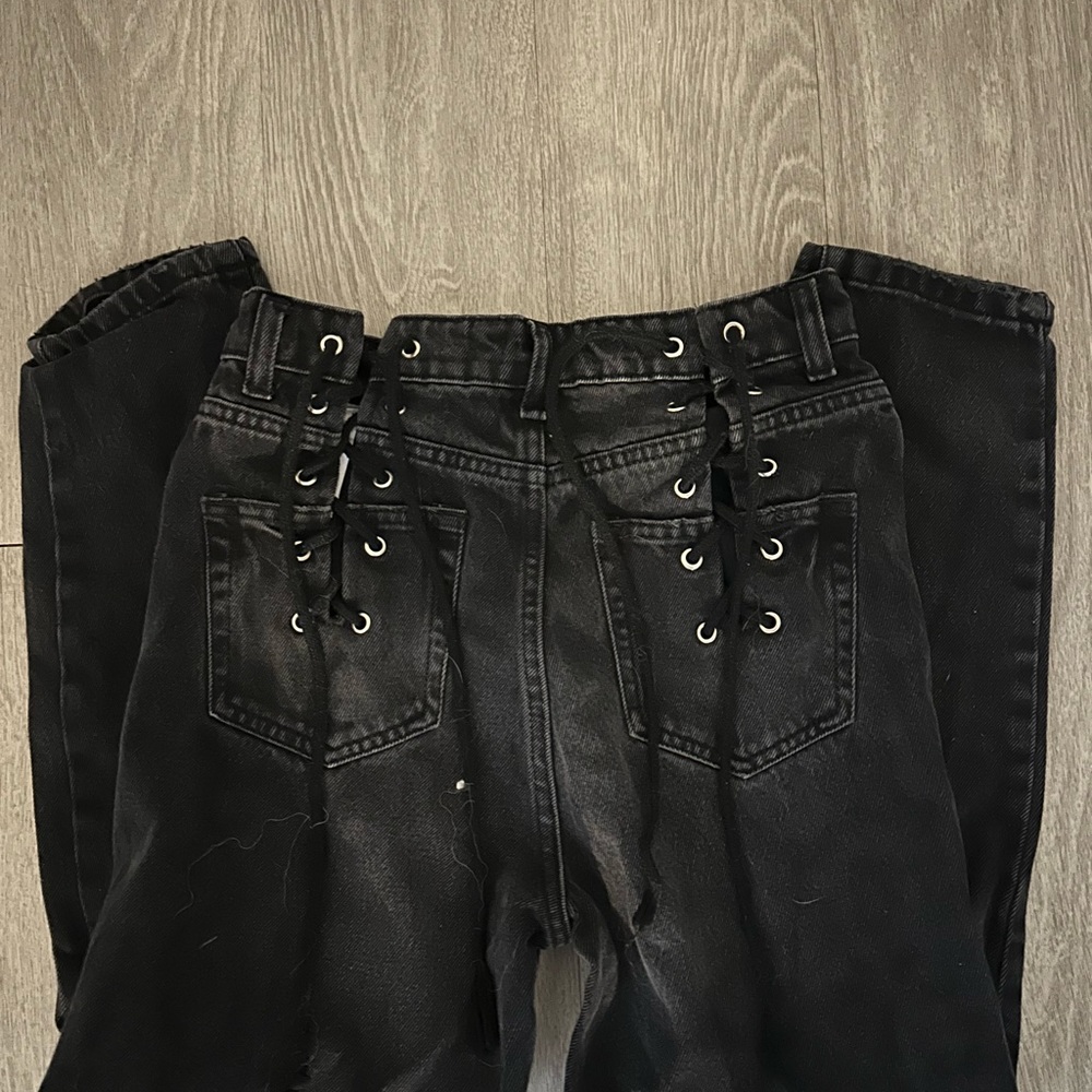 Boohoo Black High Rise Lace-Up Jeans